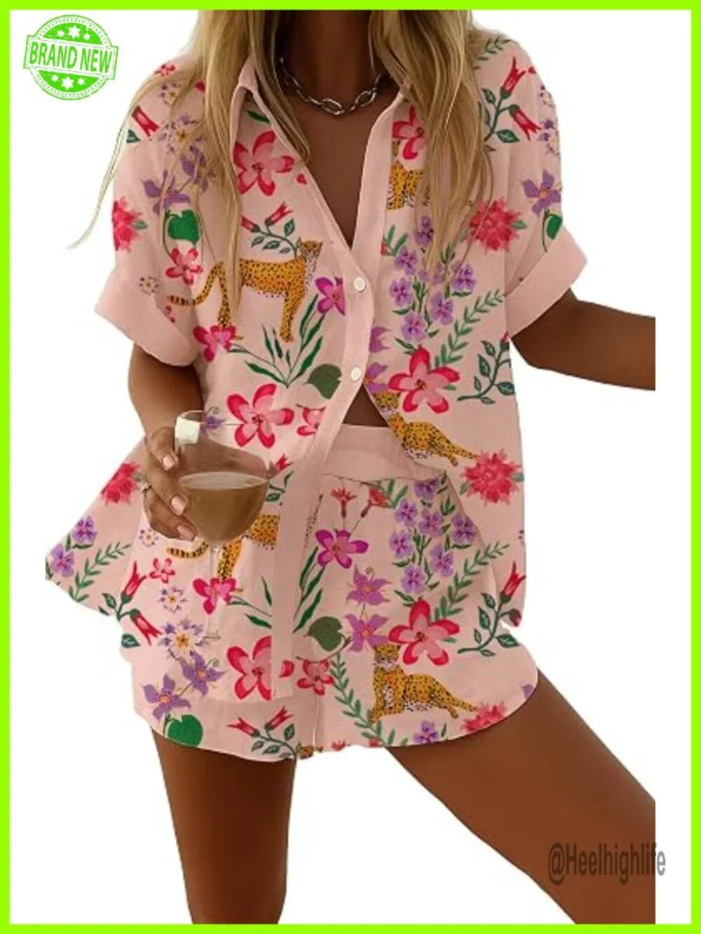 2 Piece Short Set - Women's Boho Button Down Shirt & Matching Shorts Lounge Set